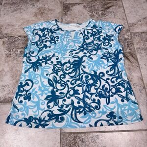 Susan Graver Liquid Knit Top Short Sleeves Floral Print Blue White Womens XL
